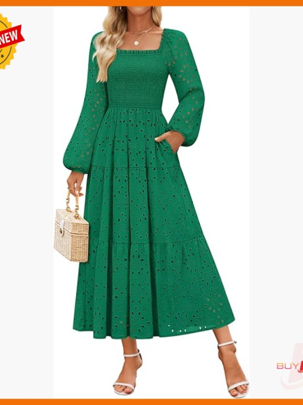 Long Sleeve Maxi Dress Square Neck Smocked Waist A-Line Cocktail Party
